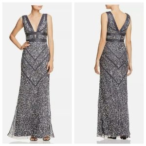 NEW AIDAN MATTOX Gray Beaded Sequin Embellished Cut Out V Neck Formal Maxi Gown